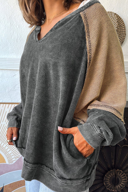 Dark Grey Color Block Exposed Seam Patchwork Mineral Wash Loose Sweatshirt
