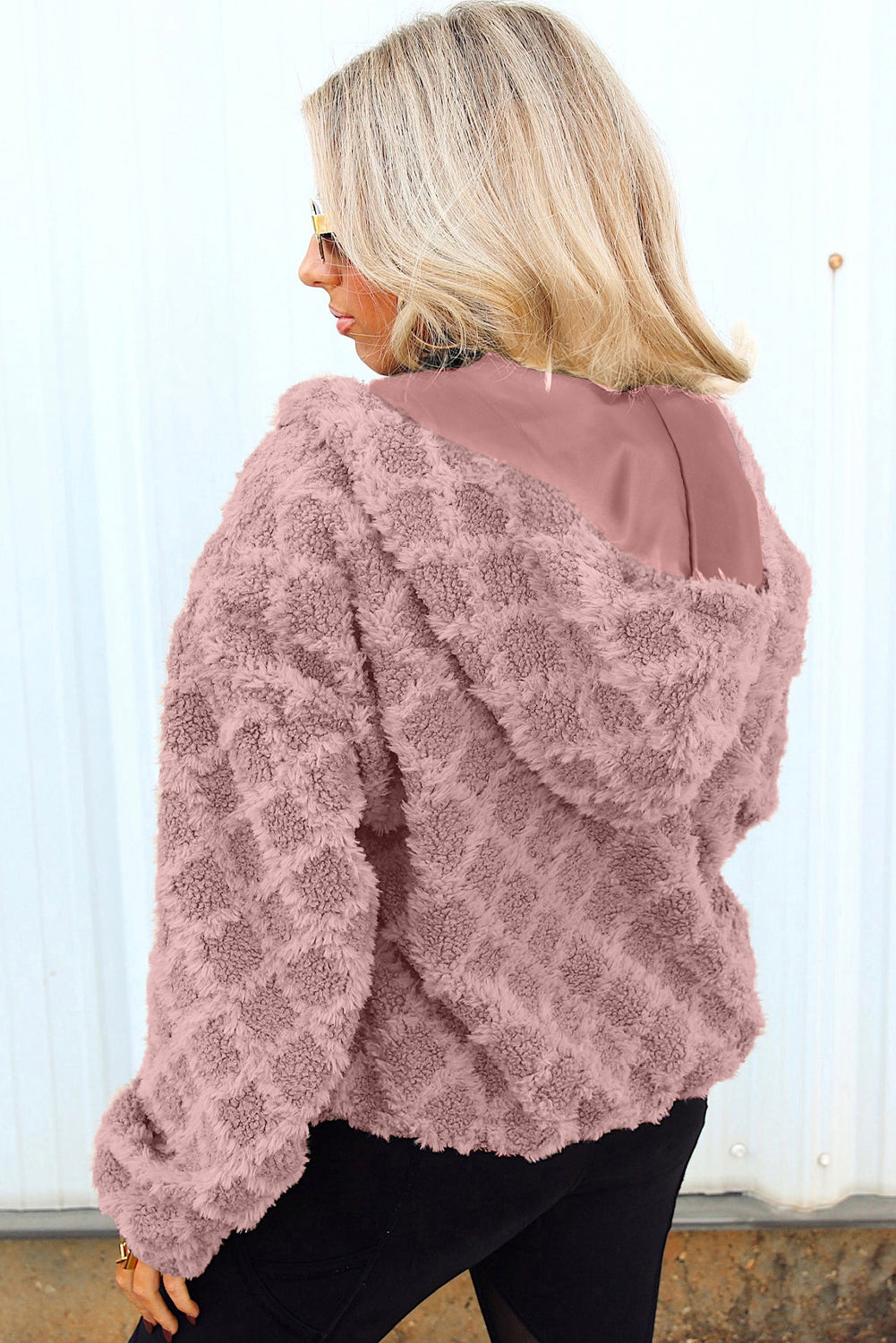 Fushia Sherpa Rhombus Zip Up Side Pocket Hooded Jacket