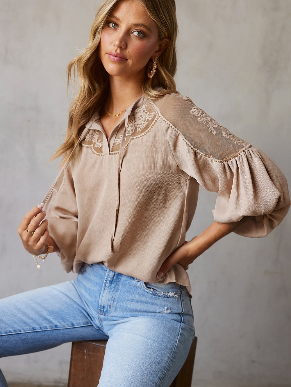 Elegant Lace Trimmed V-Neck Blouse
