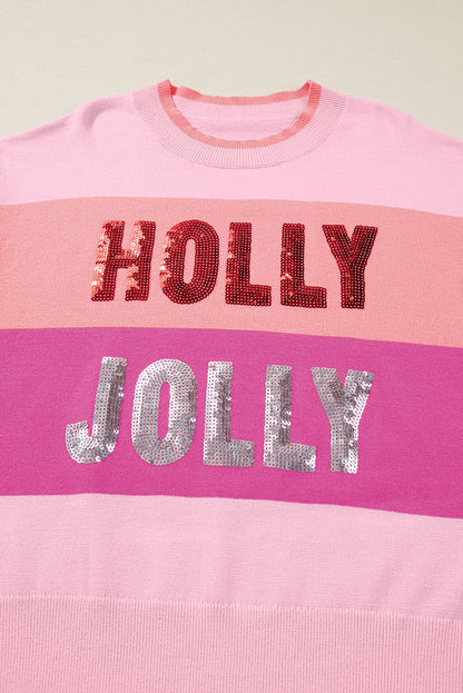 Pink Sequined HOLLY JOLLY Color Block Crew Neck Sweater