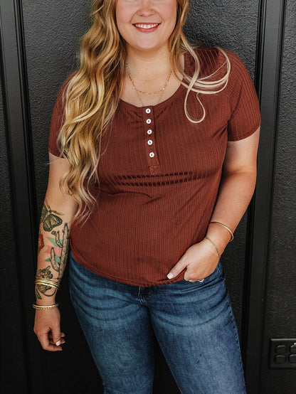 Chestnut Plus Size Ribbed Knit Henley Tee