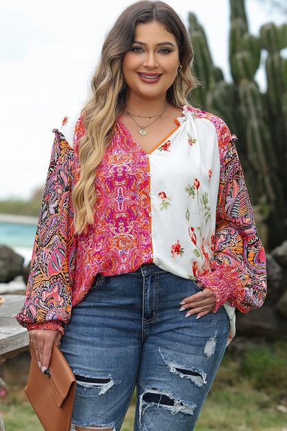 Pink Floral Print V-Neck Button-Up Blouse with Shirred Cuffs