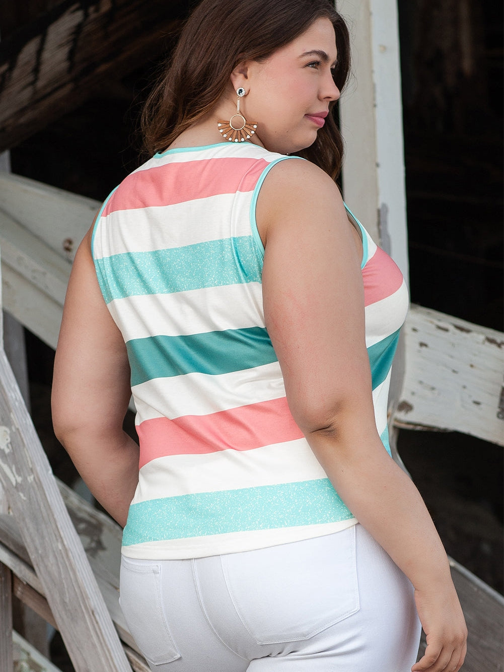 Vibrant Striped Plus Size Crew Neck Tankini Top