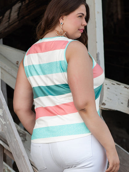 Vibrant Striped Plus Size Crew Neck Tankini Top