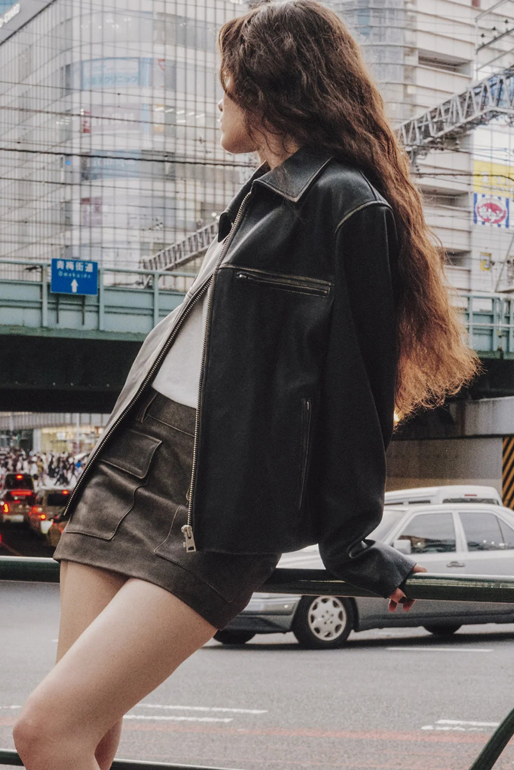 Black Faux Leather Zip Slit Pockets Street Fashion Jacket