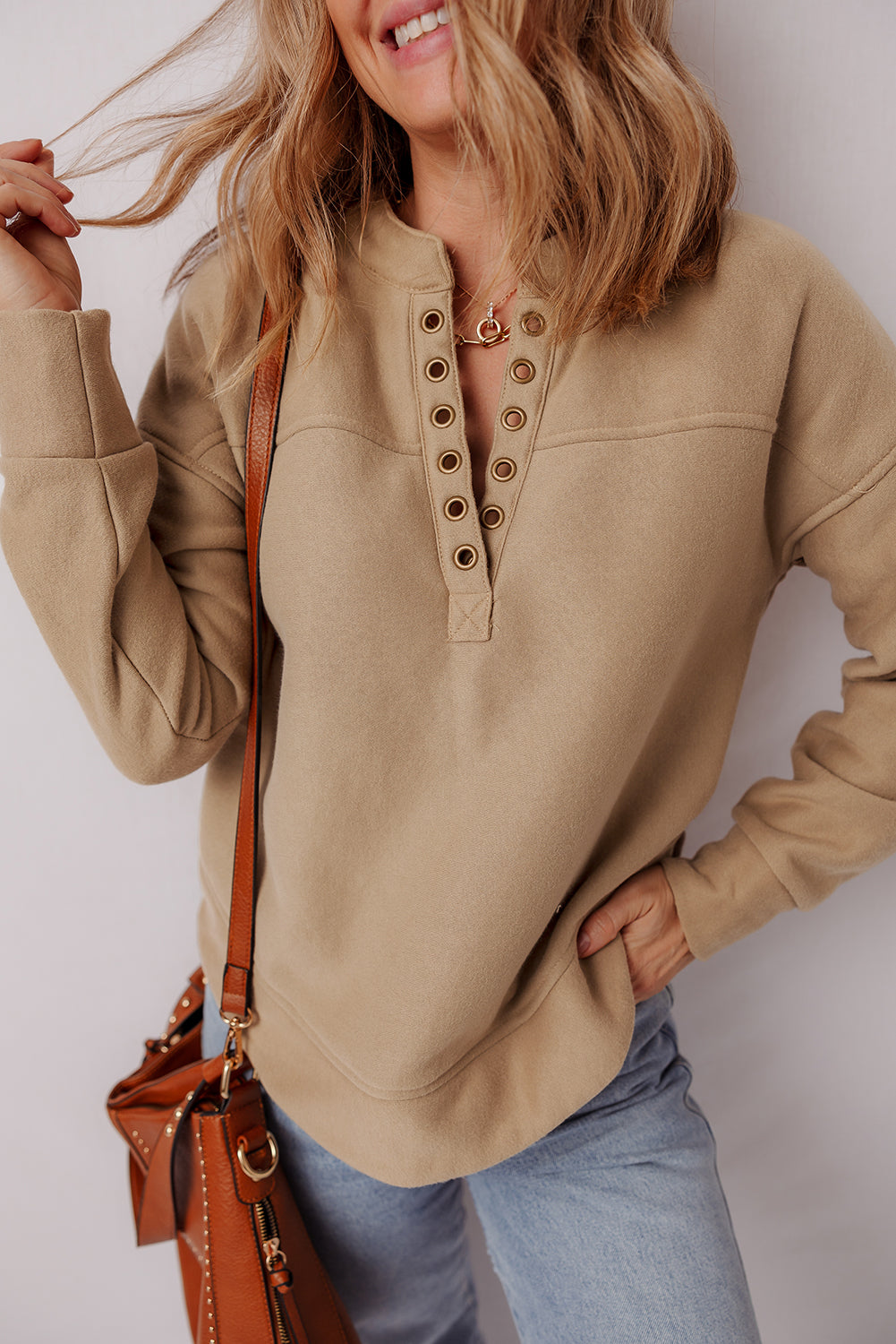 Light French Beige Grommet Detail V Neck Sweatshirt