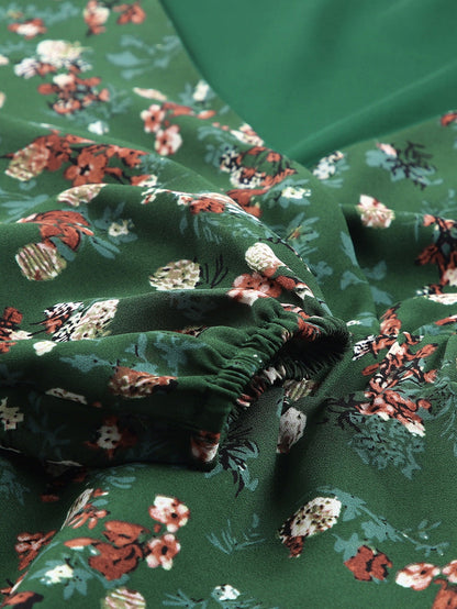 Green Ditsy Floral Peplum Blouse with V-Neck and Long Sleeves