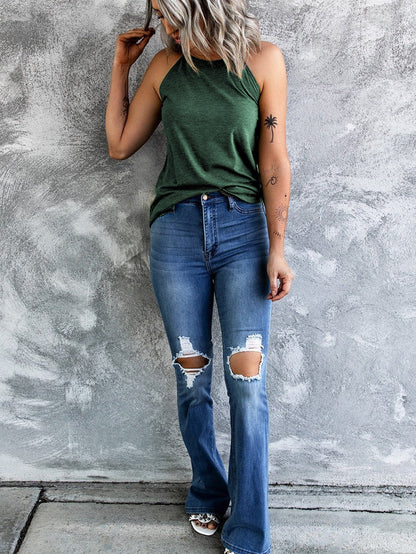 Green Sleeveless Solid Color Round Neck Tank Top