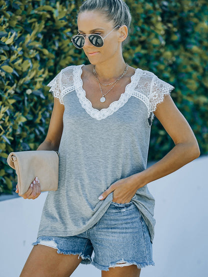 Gray Knit Lace Detail Cap Sleeve Top