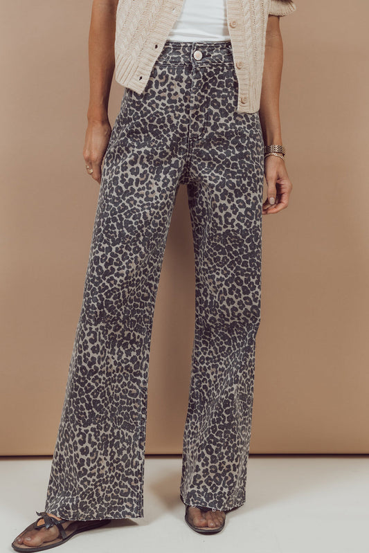 Black Leopard Print Wide Leg High Waist Jeans