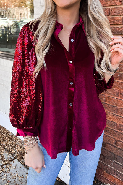 Red Dahlia Sequin Bubble Sleeve Patchwork Velvet Shirt