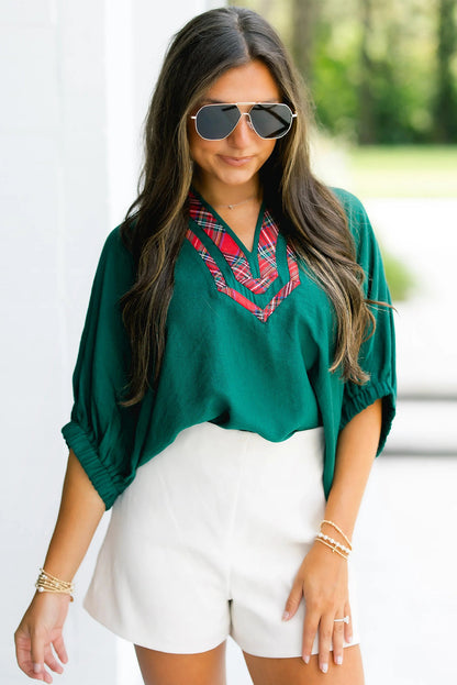 Evergreen Contrast Plaid Patchwork V Neck Half Sleeve Blouse