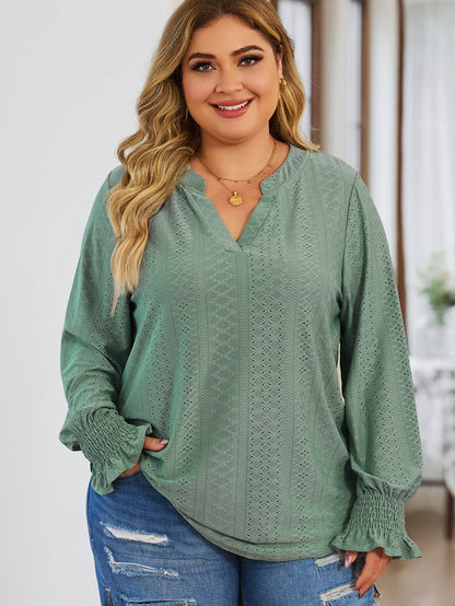 Green Eyelet Jacquard Split Neck Flounce Sleeve Plus Size Blouse