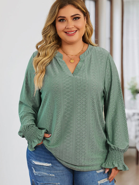 Green Eyelet Jacquard Split Neck Flounce Sleeve Plus Size Blouse