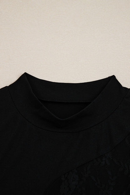 Black Plus Size Lace Patchwork Asymmetric Cutout Sheer Long Sleeve Top