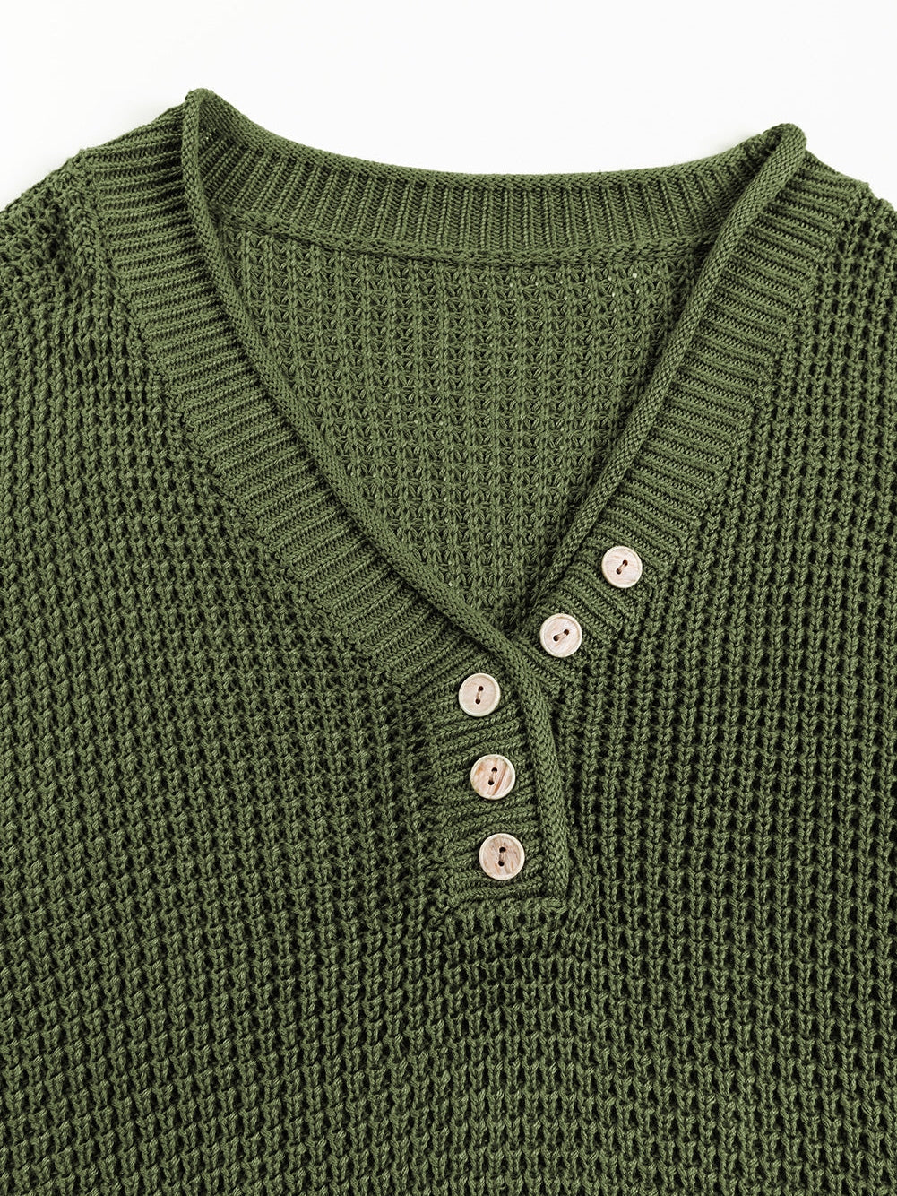 Green Buttoned V Neck Drop Shoulder Sweater with Pointelle Knit