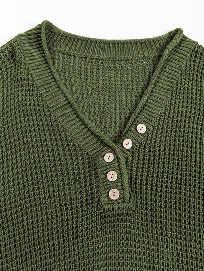 Green Buttoned V Neck Drop Shoulder Sweater with Pointelle Knit