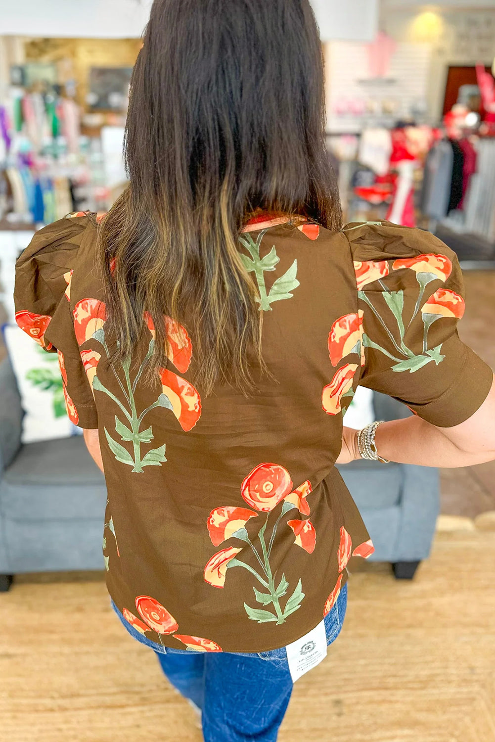 Brown Floral Print Short Puff Sleeve Contrasted Striped V Neck Blouse