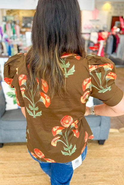 Brown Floral Print Short Puff Sleeve Contrasted Striped V Neck Blouse