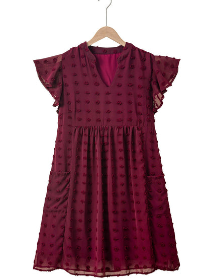 Swiss Dot Burgundy Plus Size V-Neck Mini Dress with Ruffled Sleeves
