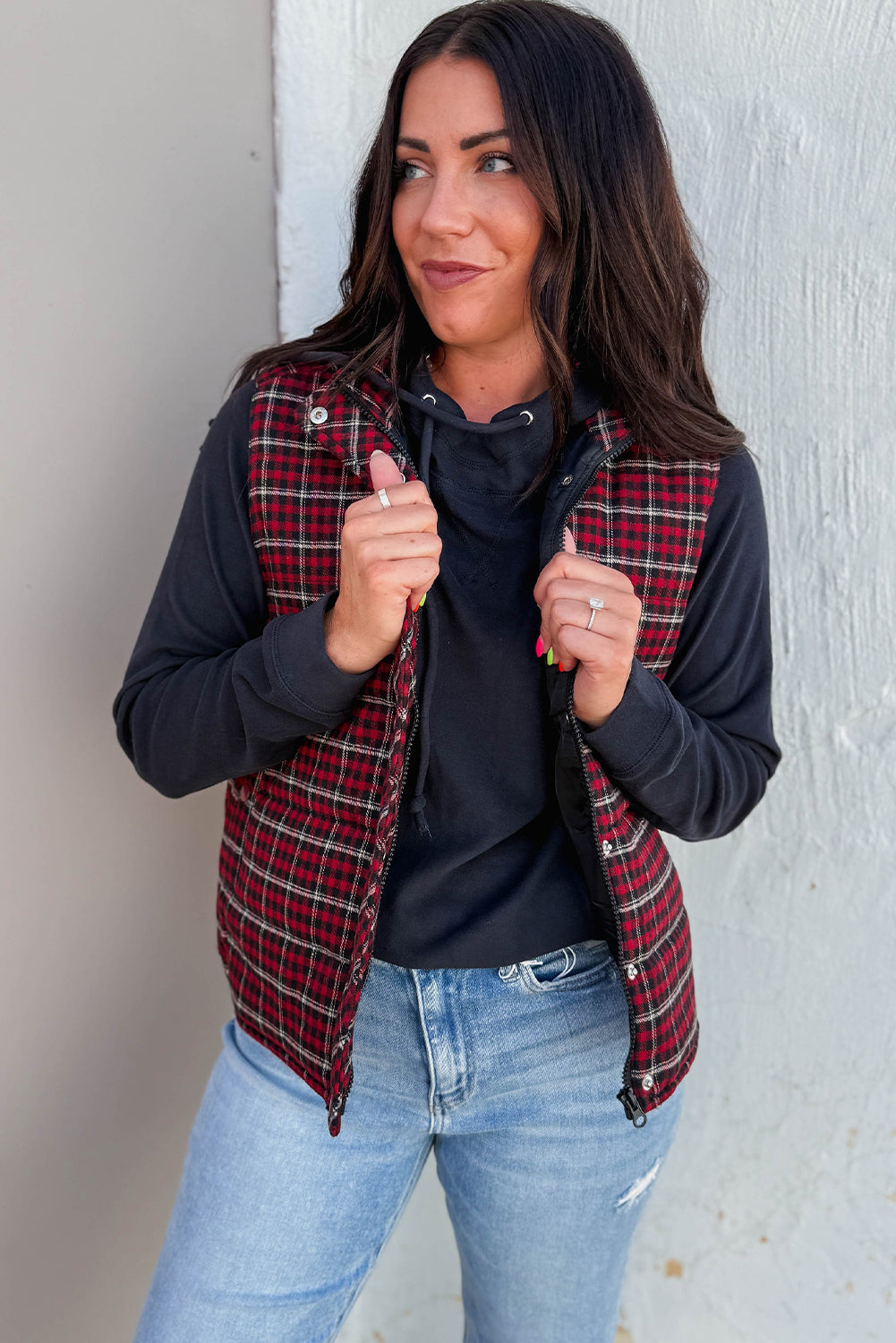 Red Retro Plaid Snap Button Zip Up Winter Vest