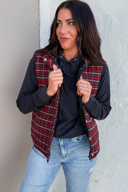 Red Retro Plaid Snap Button Zip Up Winter Vest