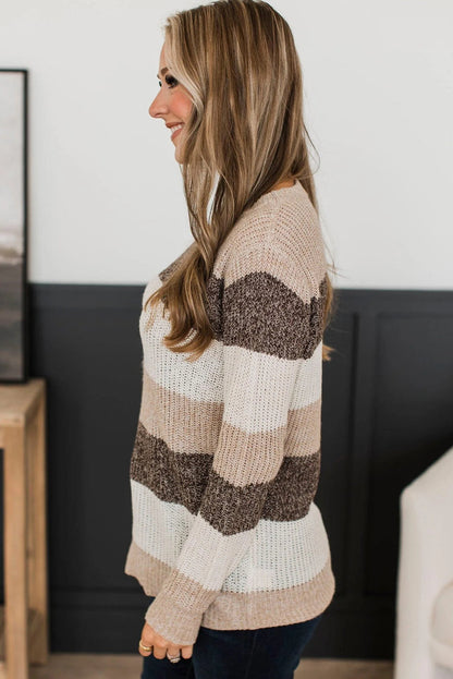 Khaki Stripe Color Block Crew Neck Slim Sweater