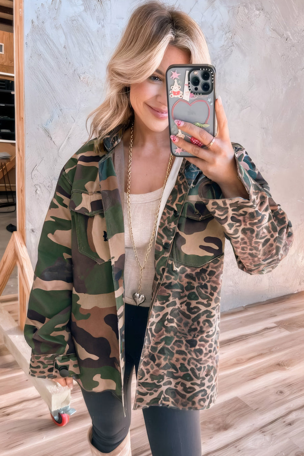 Brown Leopard Camo Patchwork Oversize Shacket