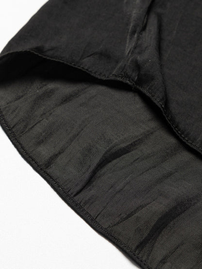 Elegant Black Satin V Neck Pleated Puff Sleeve Blouse