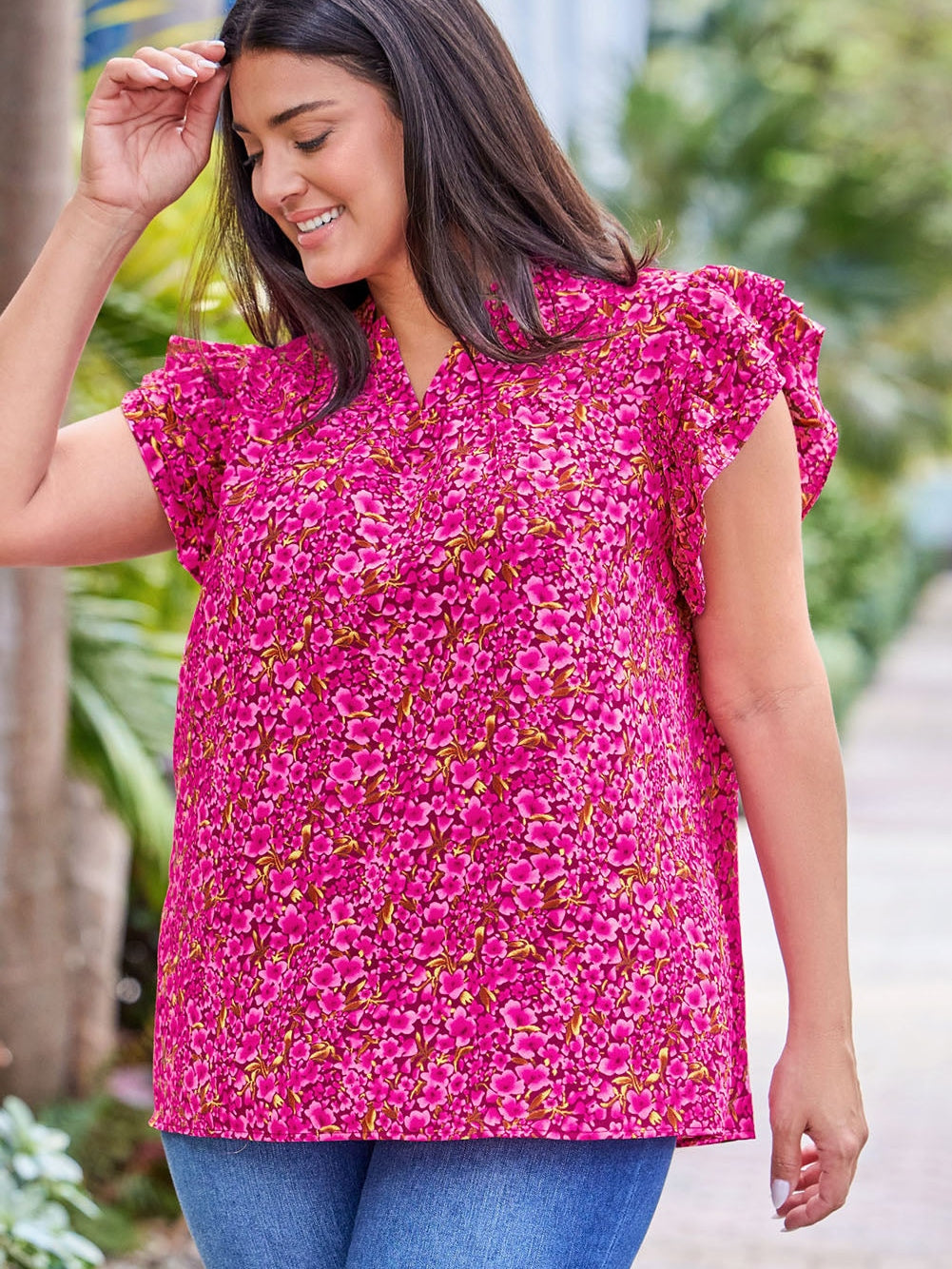 Rose Floral Print Ruffle Sleeve Plus Size Shift Top