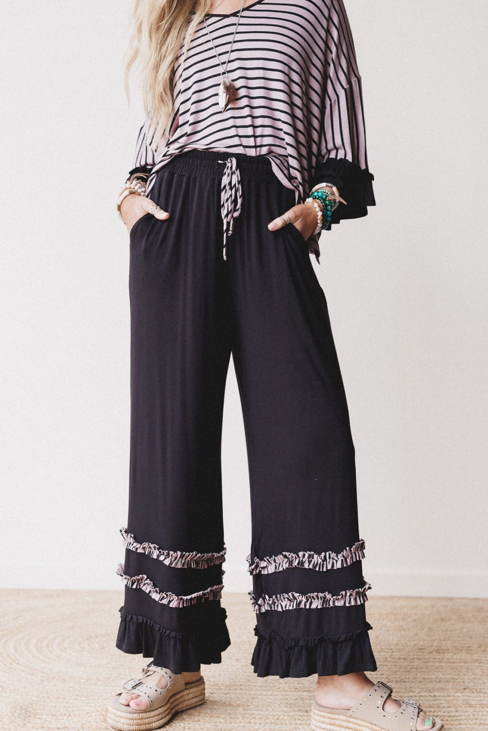 Black Striped Drop Shoulder 3/4 Ruffled Sleeve Loose Top and Ruffled Drawstring Pants 2pcs Outfit