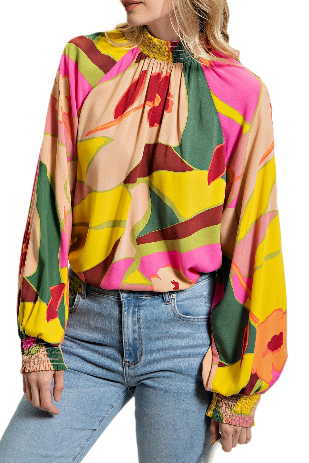Floral Print Stand Neck Blouse with Smocked Hem in Multicolor Palette