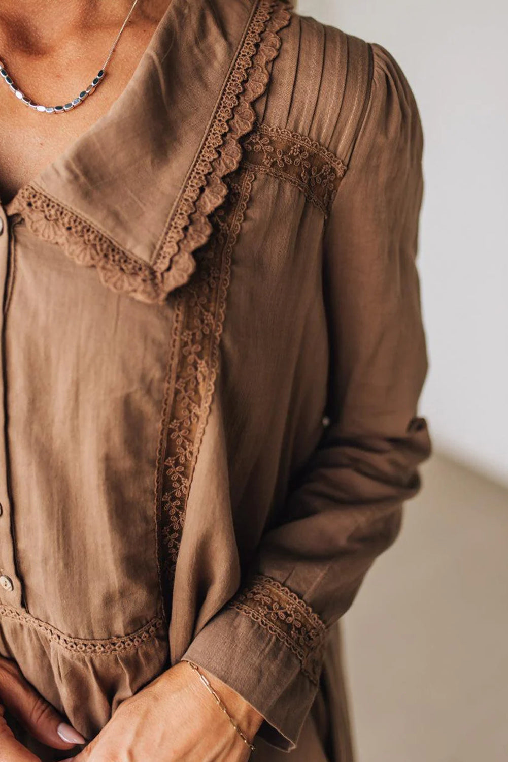 Straw Yellow Lace Trim Peter Pan Collar Long Sleeve Mini Shirt Dress