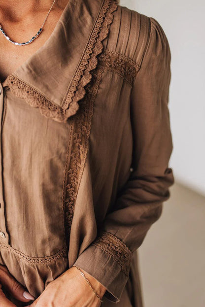 Straw Yellow Lace Trim Peter Pan Collar Long Sleeve Mini Shirt Dress