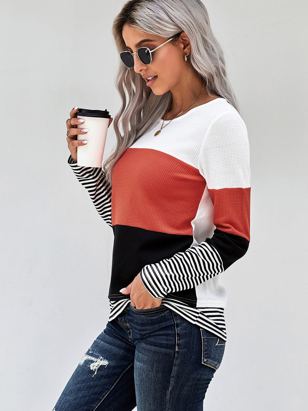 Fashionable Striped Colorblock Top with Long Sleeves