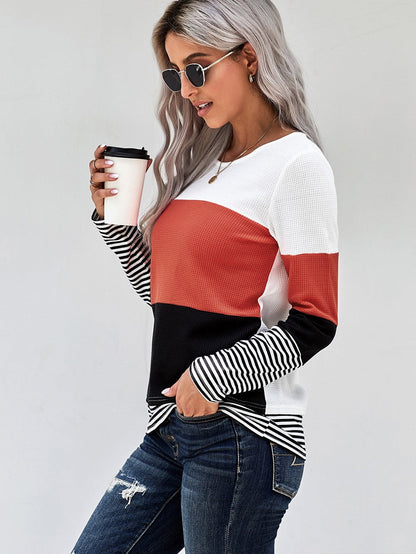Fashionable Striped Colorblock Top with Long Sleeves