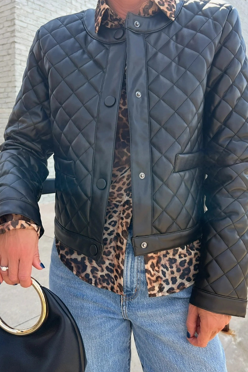 Black Faux Leather Quilted Snap Button Winter Jacket