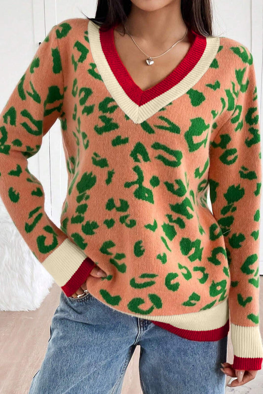 Orange Leopard Pattern Knit Contrast Striped Trim V Neck Sweater