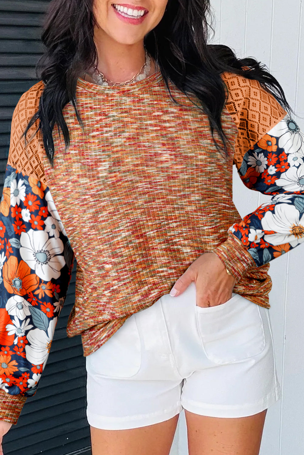Orange Heathered Knit Lace Floral Patchwork Long Sleeve Blouse