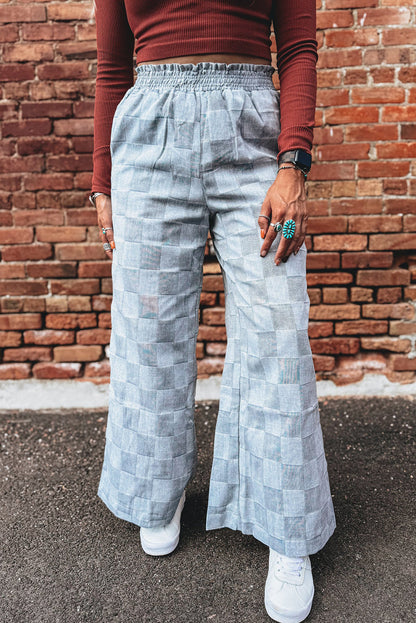 Sky Blue Frilled Elastic Waist Checkered Loose Denim Pants