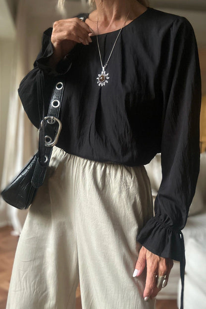 Black Pleated Round Neck Flounce Long Sleeve Blouse