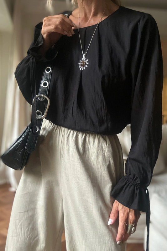 Black Pleated Round Neck Flounce Long Sleeve Blouse