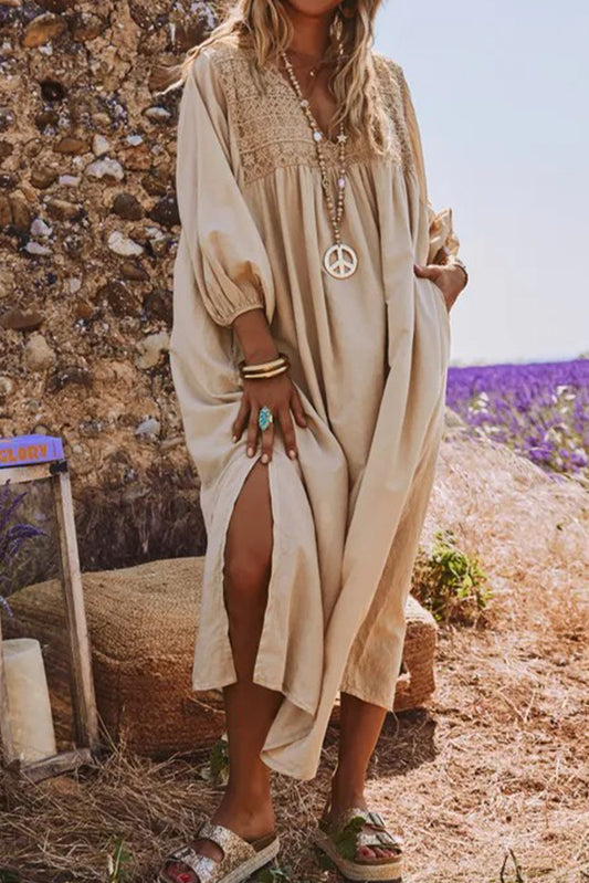 Jet Stream V Neck Lace Patchwork 3/4 Sleeve Long Shift Dress