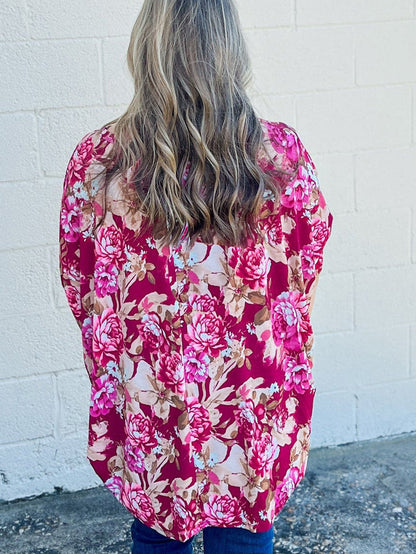 Red Floral Print Short Sleeve Plus Size Blouse