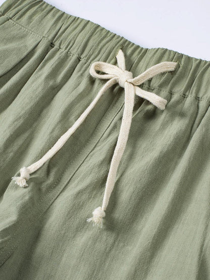 Green Linen Drawstring Shorts