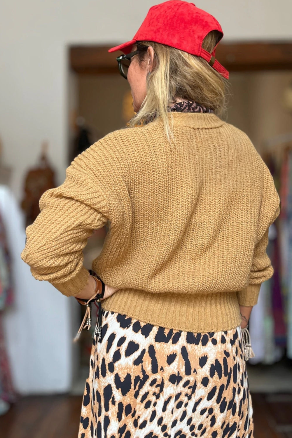 Jurassic Gold Button V Neck Fitted Hem Contrast Sweater Cardigan