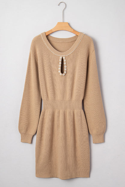 Smoke Gray Pearl Embellished Keyhole Ribbed Sweater Dress