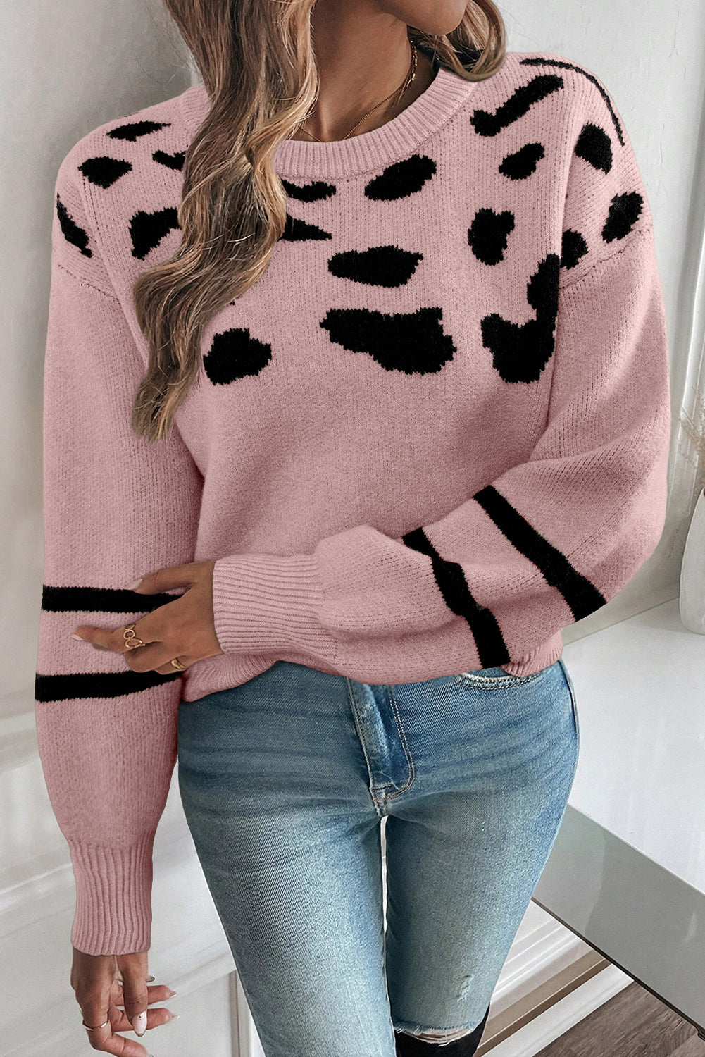 Pink Leopard Striped Detail Drop Shoulder Sweater