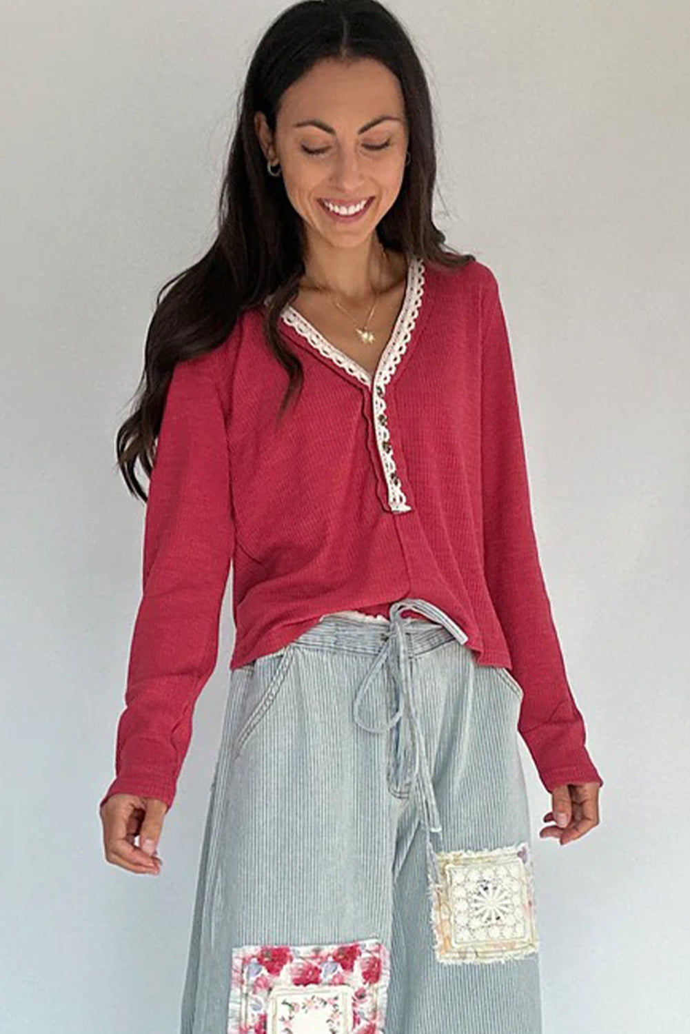 Pitaya Pink Ribbed Knit Long Sleeve Lace Trim V Neck Buttoned Pullover Top