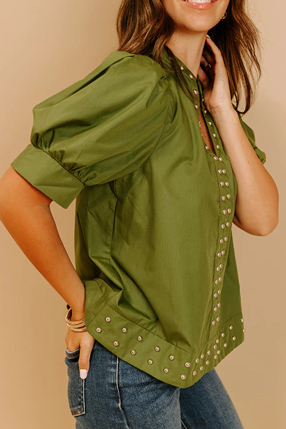 Fern Green Rivet Embellished V Neck Short Puff Sleeve Blouse